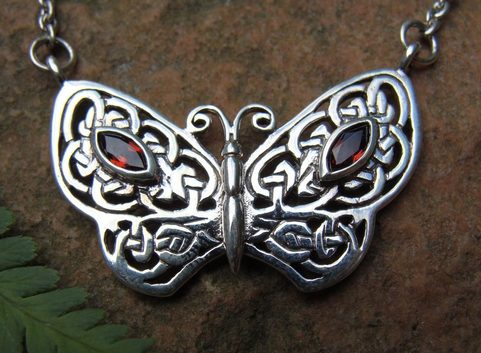BUTTERFLY NECKLACE WITH GARNETS, SILVER NECKLACE, AG 925