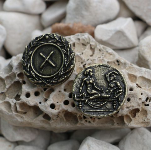 ROME, EROTIC TOKEN SPINTRIA X, 1ST CENTURY, REPLICA, ANTIQUE BRASS