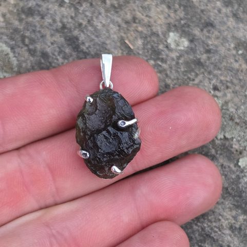 STERLING SILVER PENDANT WITH NATURAL MOLDAVITE, 925 SILVER