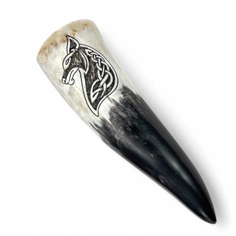 CELTIC WOLF, CARVED DRINKING HORN