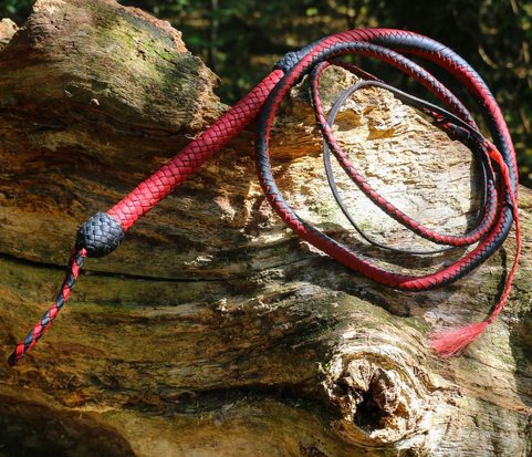 BRAIDED LEATHER COW WHIP, RED - BLACK