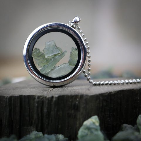 MOLDAVITE STEEL FLOATING LOCKET, ORIGINAL FROM THE CZECH REPUBLIC