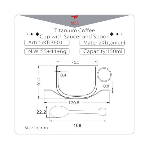 TI3601 TASSE À CAFÉ EN TITANE AVEC SOUCOUPE ET CUILLÈRE KEITH