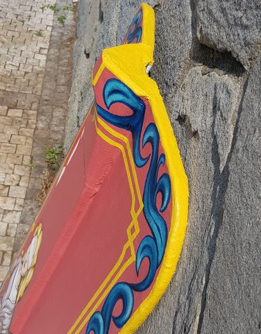 HAND PAINTED PAVISE, LONG WOODEN SHIELD JUSTICE