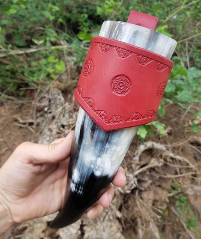 FLOWER, LEATHER DRINKING HORN HOLDER, RED