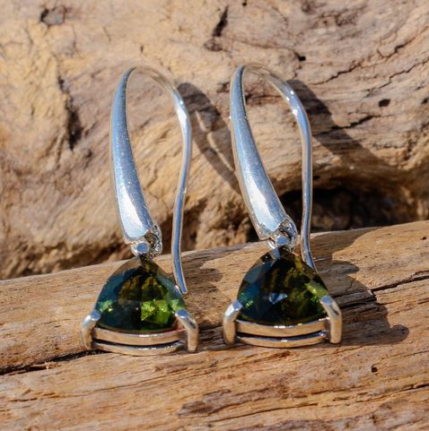 AMBRA, RAW MOLDAVITE EARRINGS, STERLING SILVER