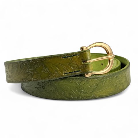 QUERCUS, LEATHER BELT WITH OAK LEAVES, OLIVE GREEN