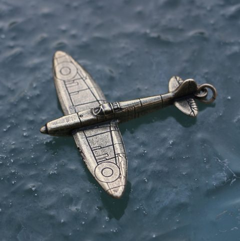SUPERMARINE SPITFIRE KEY CHAIN, AIRCRAFT PENDANT, ANTIQUE BRASS