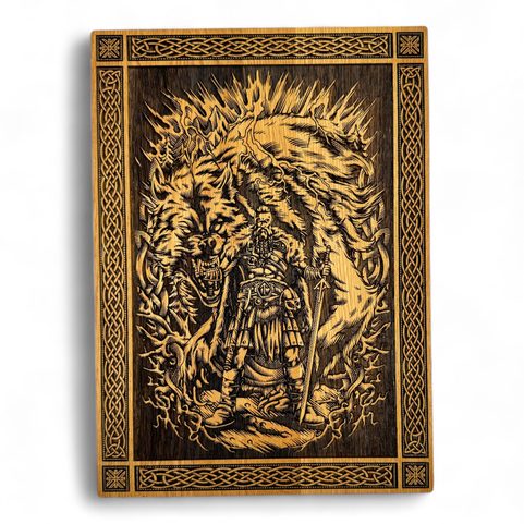 FENRIR AND TÝR, WALL DECORATION, WOOD 32X46CM