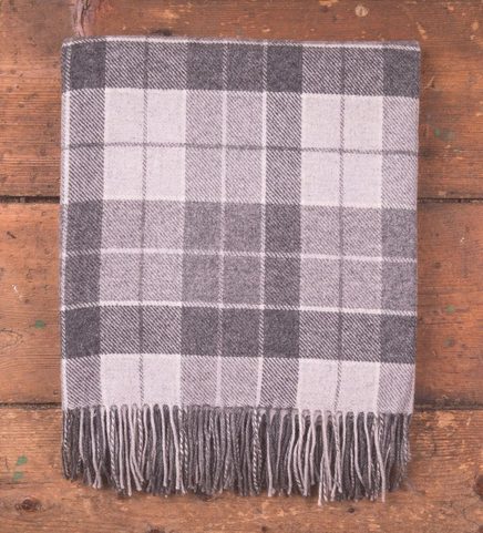 GREY & WHITE TARTAN THROW, LAMBS WOOL BLANKET