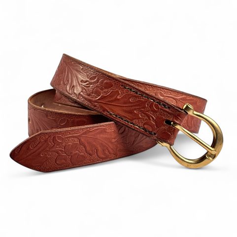 QUERCUS, LEATHER BELT WITH OAK LEAVES, BRAUN, BRONZE