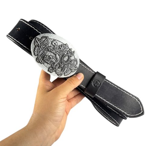 BOHEMIA, CZECH LION, LEATHER BELT, BLACK, STITCHED