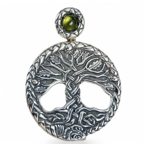CELTIC OAK SACRED TREE OF LIFE PENDANT SILVER AND MOLDAVITE