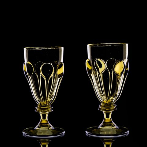 PERCHTA, BOHEMIAN MEDIEVAL GOBLETS, GREEN FOREST GLASS, SET OF 2