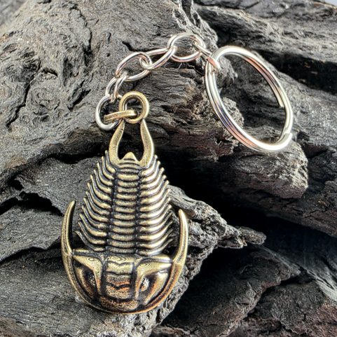 SCHLÜSSELANHÄNGER MIT TRILOBIT, ZINK, ALTMESSING