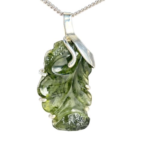 OAK LEAF, RAW MOLDAVITE NECKLACE, STERLING SILVER - GLYPTICA