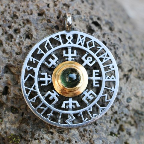 VEGVISIR, RUNES, PENDENTIF, ARGENT, MOLDAVITE 12G