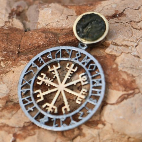 VEGVISIR, RUNES, PENDANT, SILVER, MOLDAVITE
