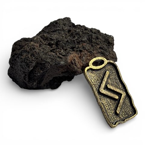 JERA, ANGLO-SAXON FUTHARK RUNE PENDANT, ZINC ANT. BRASS