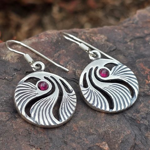 SHELL, PRAGUE ART NOUVEAU, EARRINGS SILVER 925, GARNET