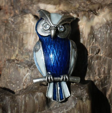 WISE OWL, BLUE, COSTUME BROOCH, METAL ALLOY