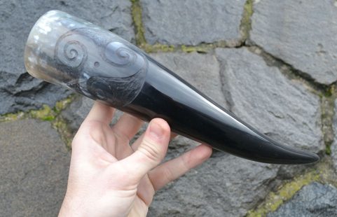 CELTIC TRISKELE, CARVED DRINKING HORN