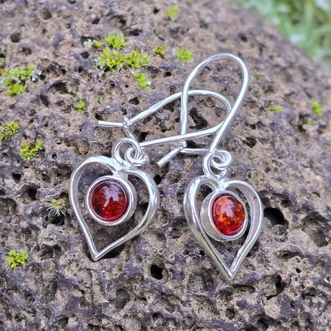 HEART, SILVER EARRINGS, AMBER, AG 925