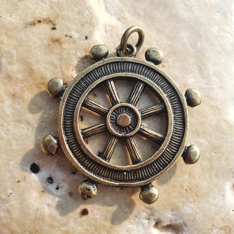 STEERING WHEEL, MASSIVE ZINC PENDANT, ANTIQUE BRASS