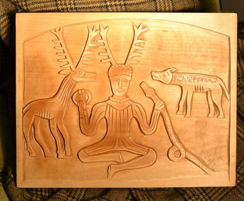 CELTIC HORNED GOD CERNUNNOS, HAND CARVED PLAQUE, GUNDESTRUP CAULDRON
