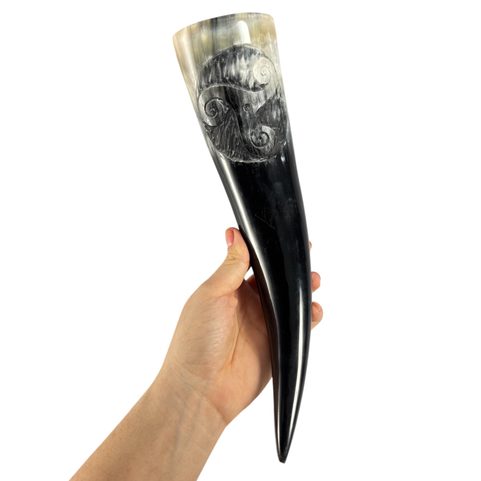 CELTIC TRISKELE, CARVED DRINKING HORN