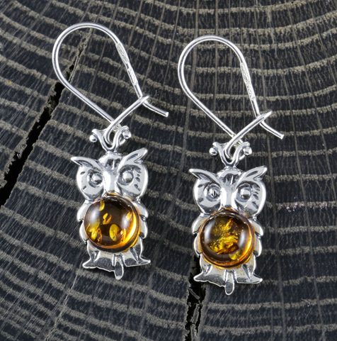 HIBOU, AMBRE, BOUCLES D'OREILLES, ARGENT