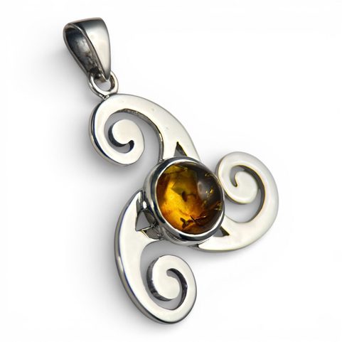 TRISKEL CELTIQUE, PENDENTIF, AMBRE, ARGENT 925/1000