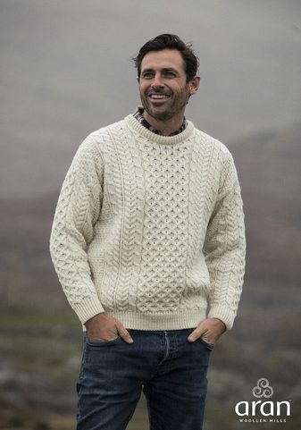 IRISH NATURAL WOOL TRADITIONAL ARAN SWEATER BLANC