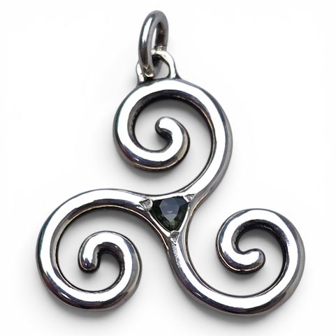 CELTIC TRISKELION WITH MOLDAVITE, 925 SILVER PENDANT