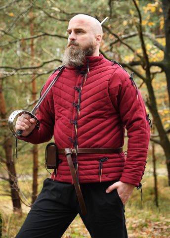 PADDED DOUBLET WITH ARMING POINTS, WINE RED - BLACK