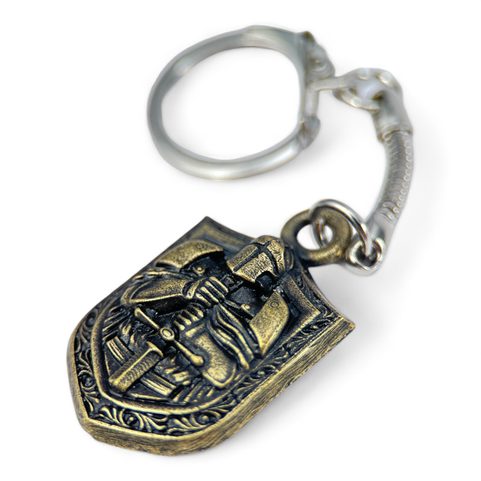 KNIGHT IN ARMOUR KEY RING, ZINC OLD BRASS