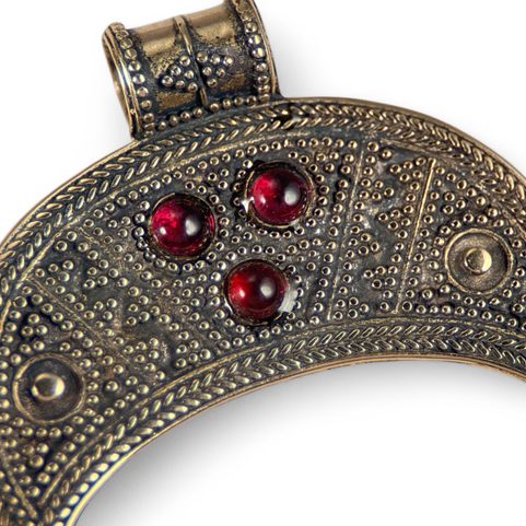 LUNITSA, CRESCENT MOON, FERTILITY PENDANT, BRONZE, GARNETS