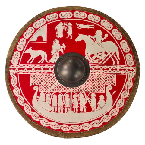 PAINTED VIKING SHIELD, PLYWOOD, LINEN, LEATHER