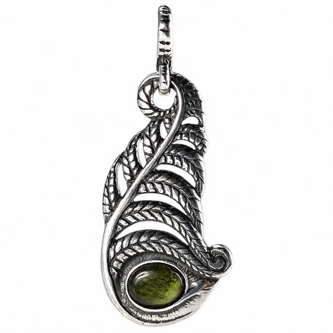 PENDENTIF EN ARGENT AVEC MOLDAVITE, FOUGÈRE, AG 925/1000, CABOCHON