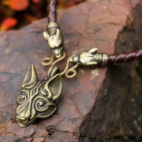 VIKING WOLF NECKLACE, BRAIDED CORD, ZINC