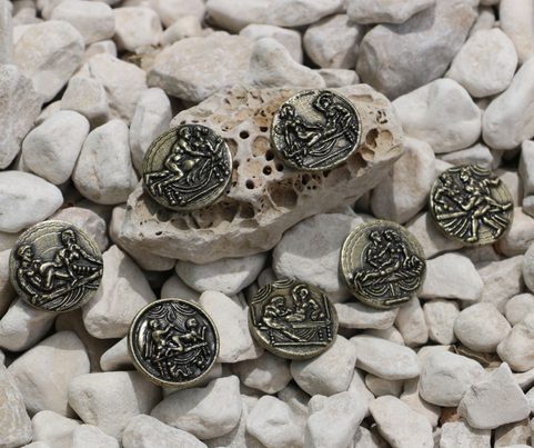 7 DAYS OF PLEASURE EROTIC COINS SET AND POUCH - POMPEII, ANTIQUE BRASS