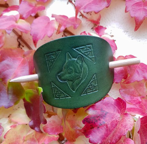WOLF, LEATHER HAIR CLIP, GREEN