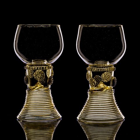 ROEMER, HISTORICAL GLASS GOBLETS, SET OF 2