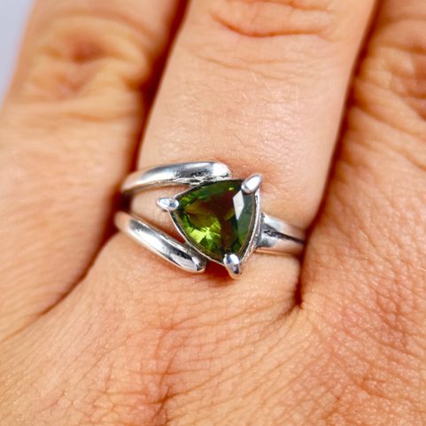 MOLDAVITE RING, TRILLION CUT, STERLING SILVER