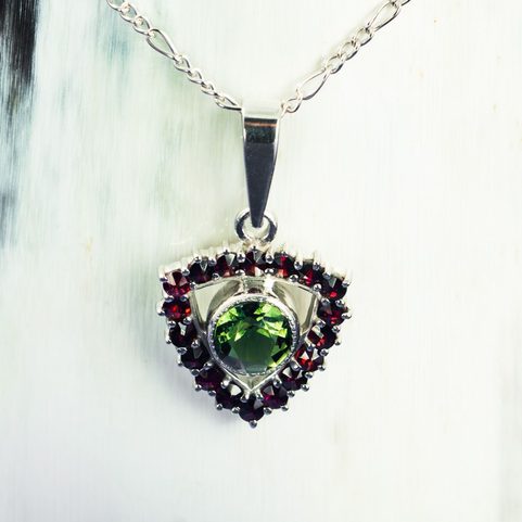 CENTAURI, MOLDAVITE, GARNET, SILVER PENDANT