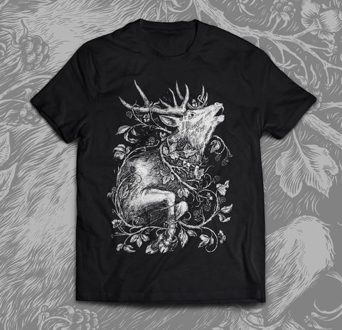 HIRSCH, HERREN-T-SHIRT SCHWARZ, DRUIDEN-KOLLEKTION