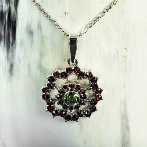 ROSETA, MOLDAVITE, GARNET, SILVER PENDANT