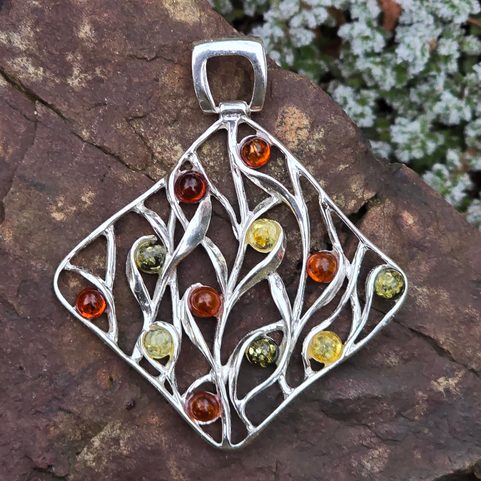AUTUMN TREE, SILVER PENDANT WITH AMBER, AG 925