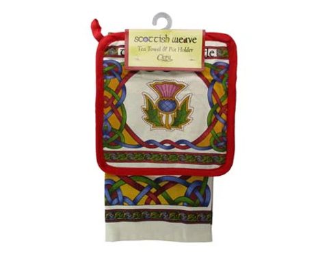 SCOTTISH DISH TOWEL AND POTHOLDER WITH WOVEN PATTERN