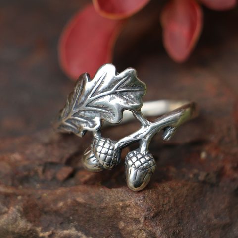 CHÊNE - FEUILLES ET GLANDS, BAGUE EN ARGENT, AG 925 / 1000